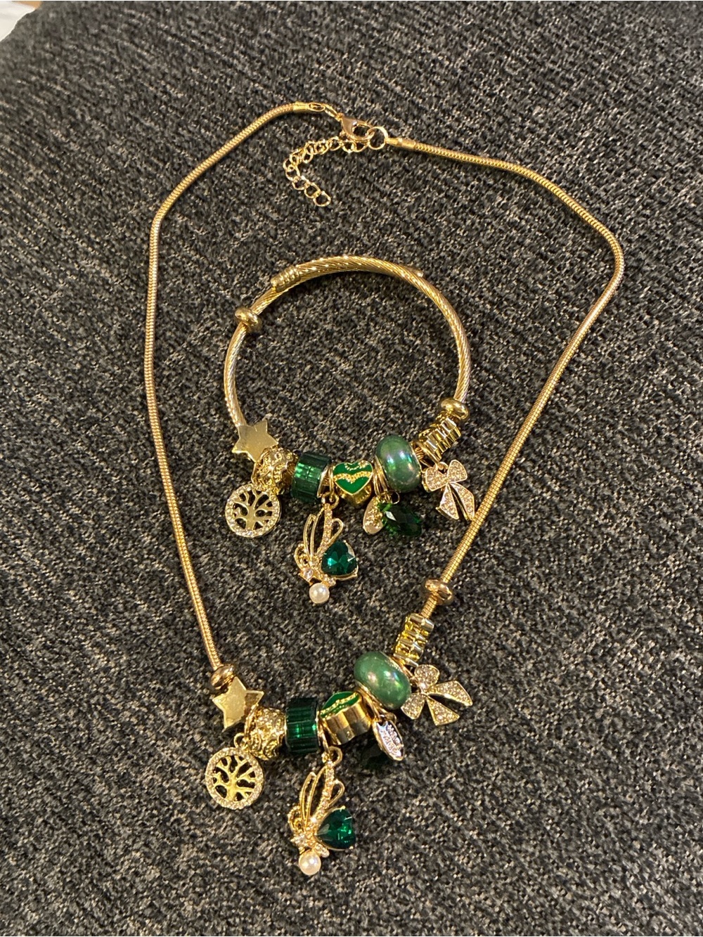 Gold-Tone Necklace and Bracelet Set with Green Crystal Charms